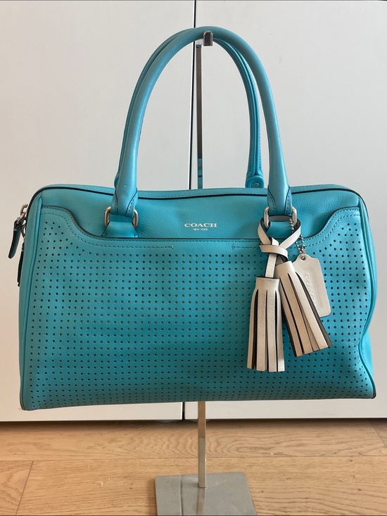 Coach Handbags - Coach Turquoise Leather Satchel Perforated Tassel Boston Bag Top Handle